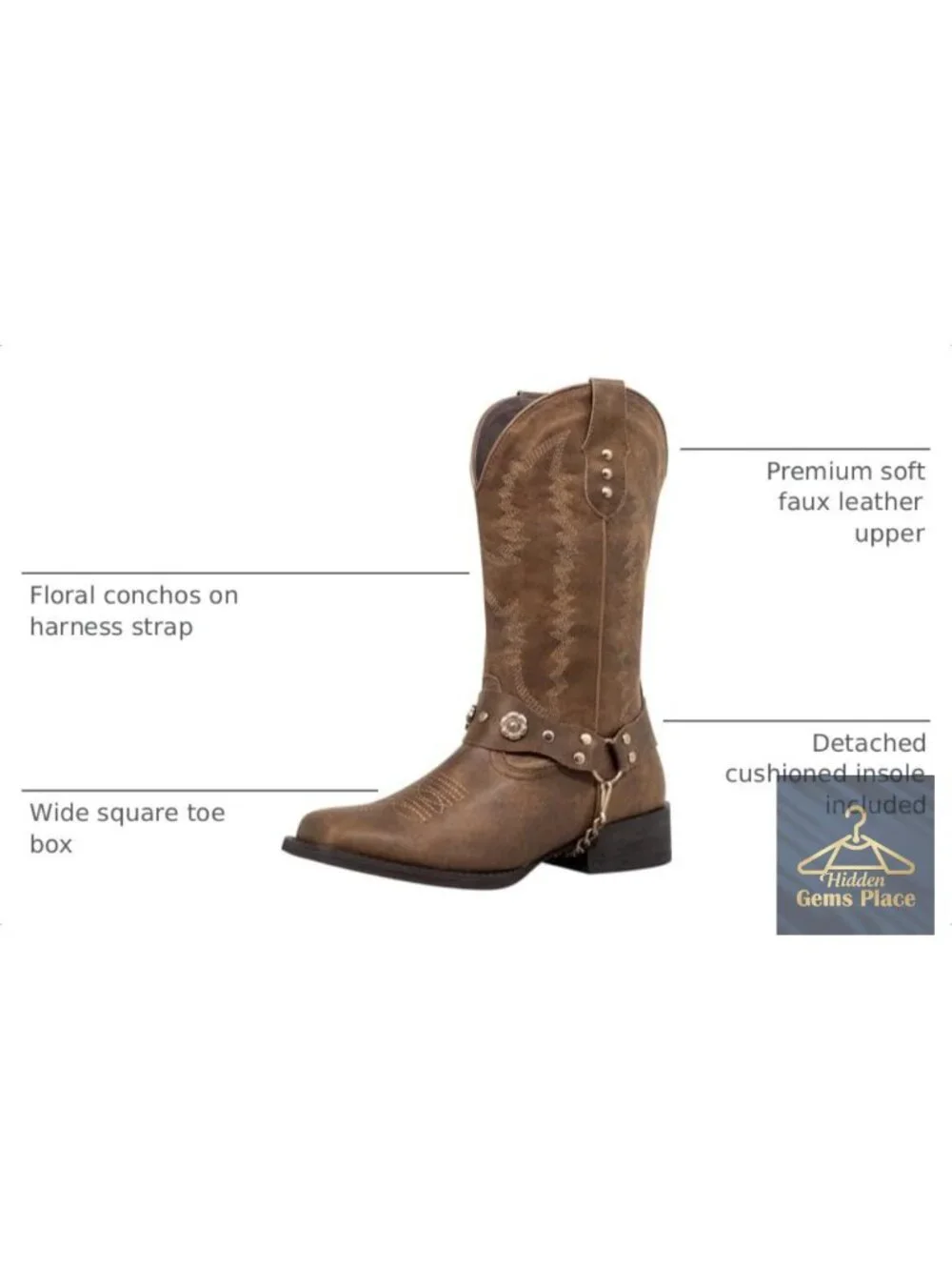Womens Cowboy Boots Wide Calf Square Toe Harness Western Boots Faux Leather